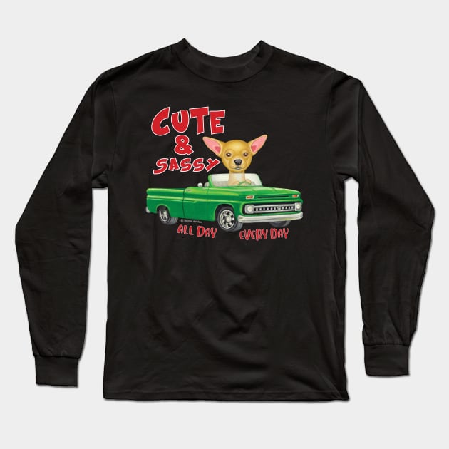 Classic Green Truck driven by a chihuahua dog on Chihuahua Driving Green Truck tee Long Sleeve T-Shirt by Danny Gordon Art